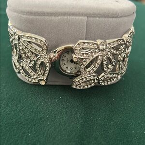 Silver Sparkling Gemstone Watch with Intricate Design